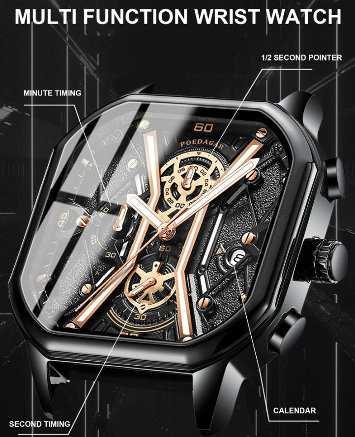 POEDAGAR Luxury Wristwatches Chronograph Leather Quartz Men's Watches - Gold